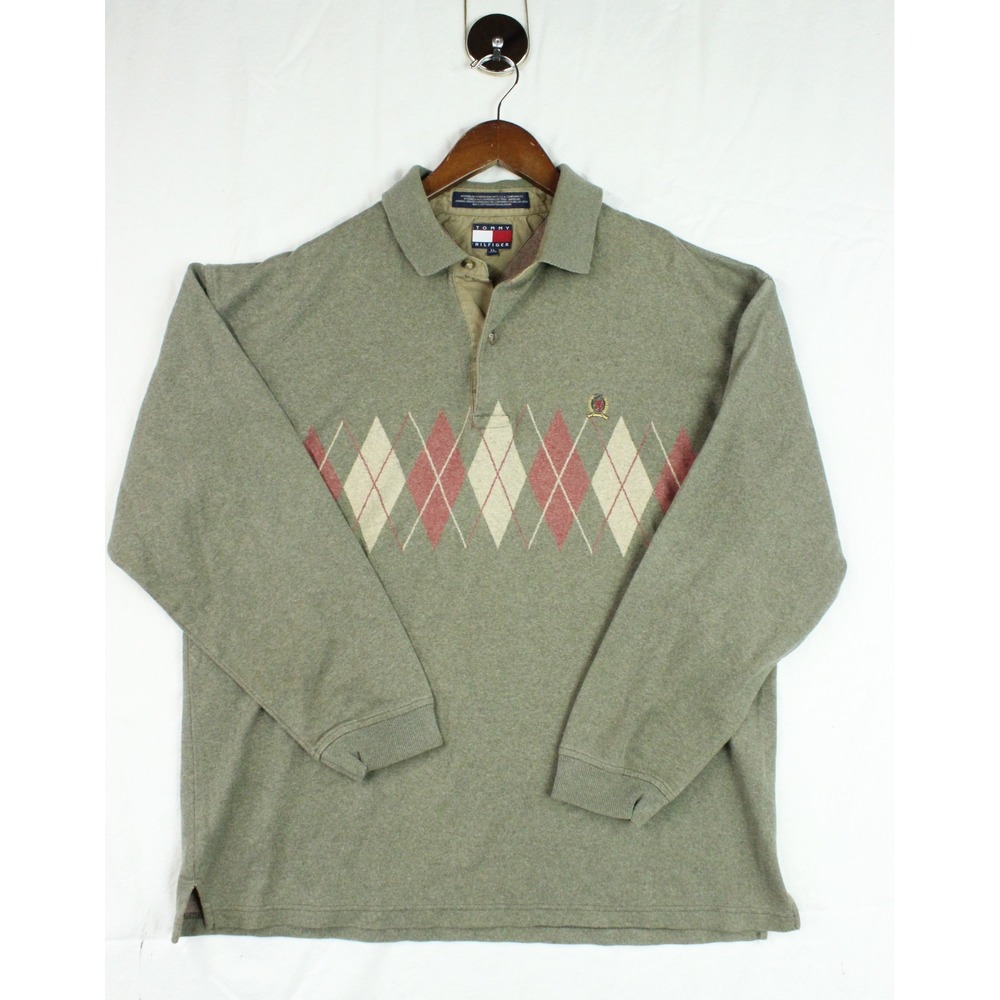 Vintage Tommy Hilfiger Argyle Long Sleeve Polo Shirt Green XL Preppy Old Money